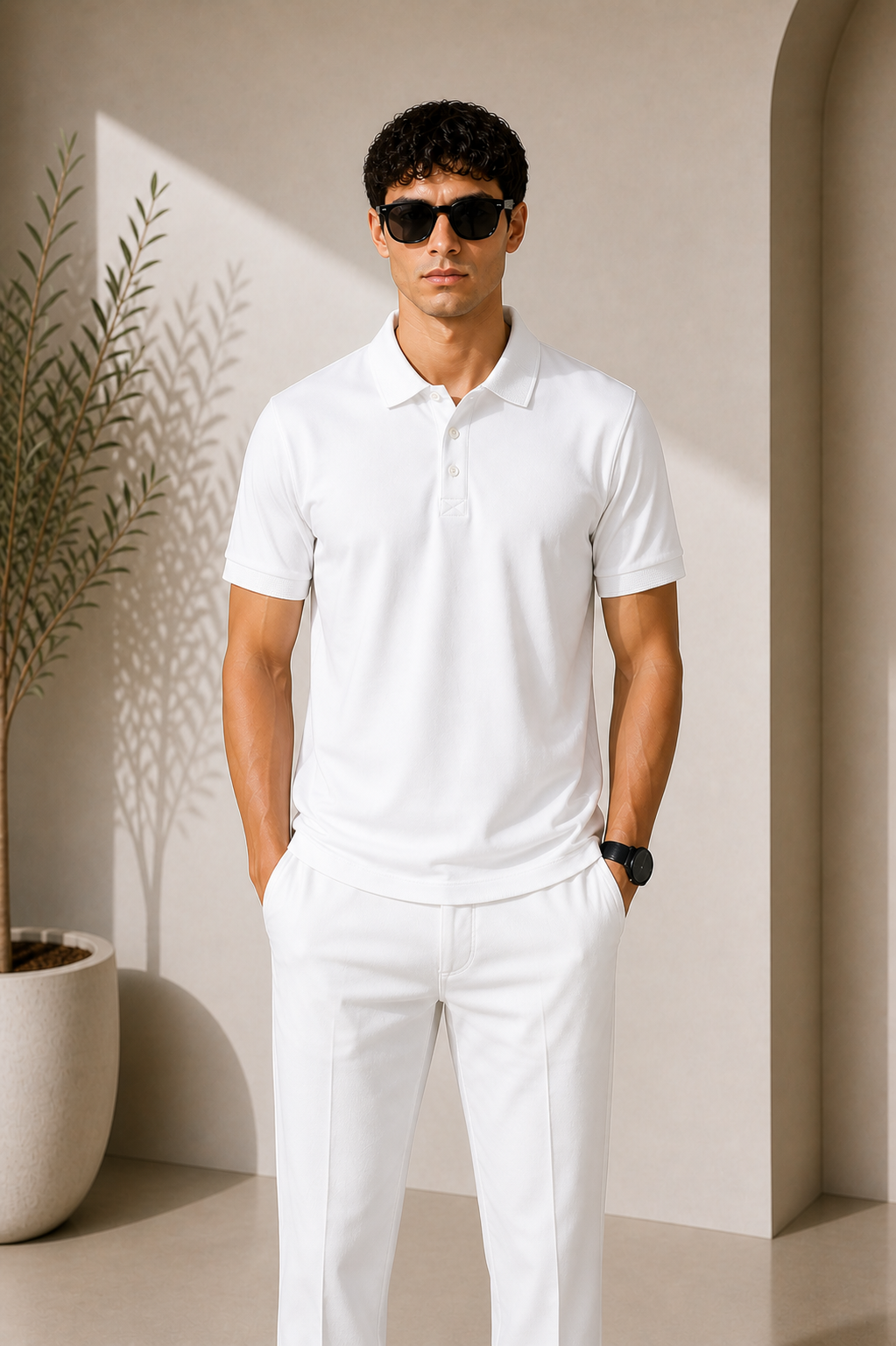 Premium Basic Polo Yaka Tişört – Beyaz parlak yala modeli