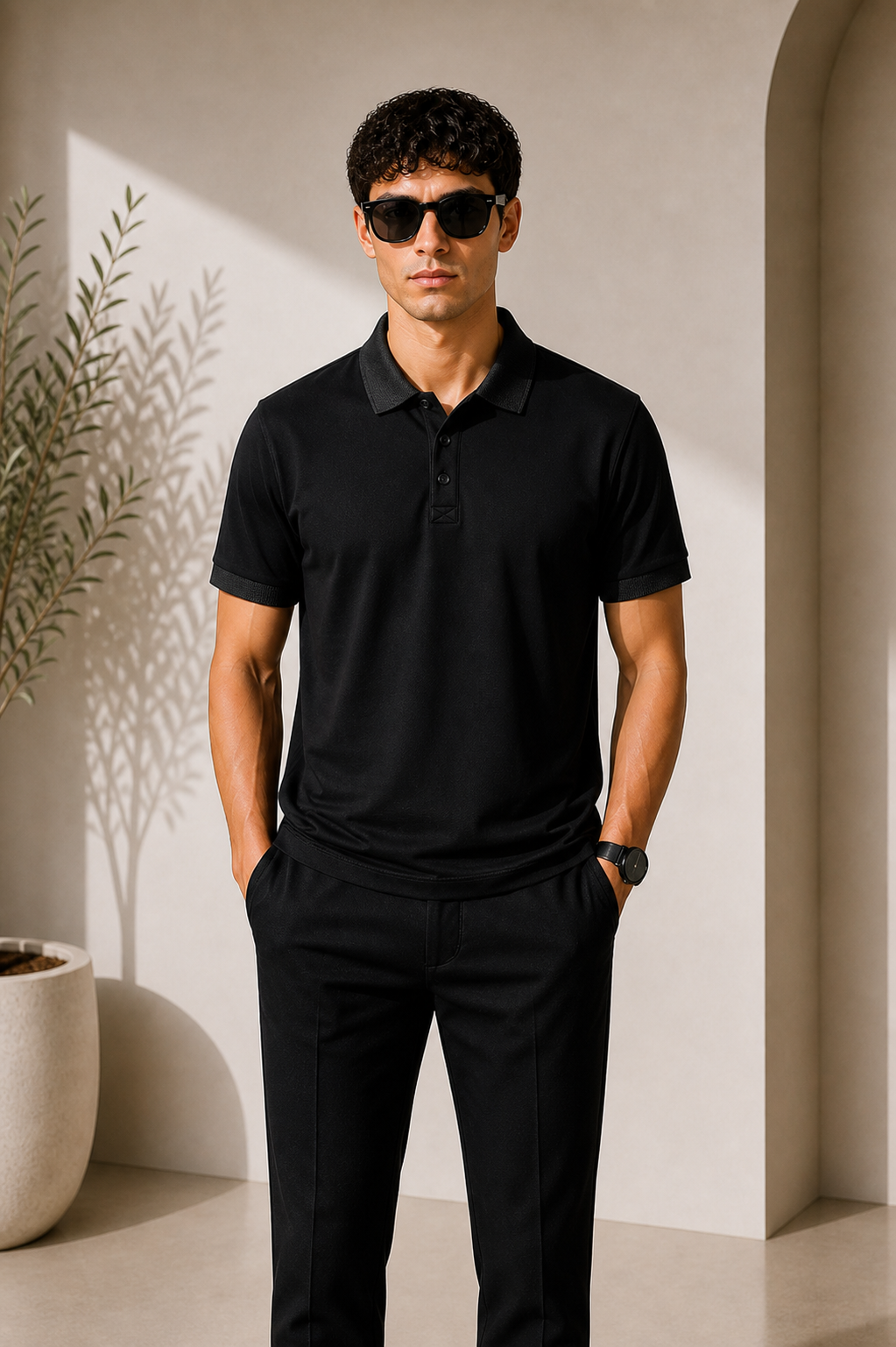 Premium Basic Polo Yaka Tişört – Siyah parlak yaka modeli