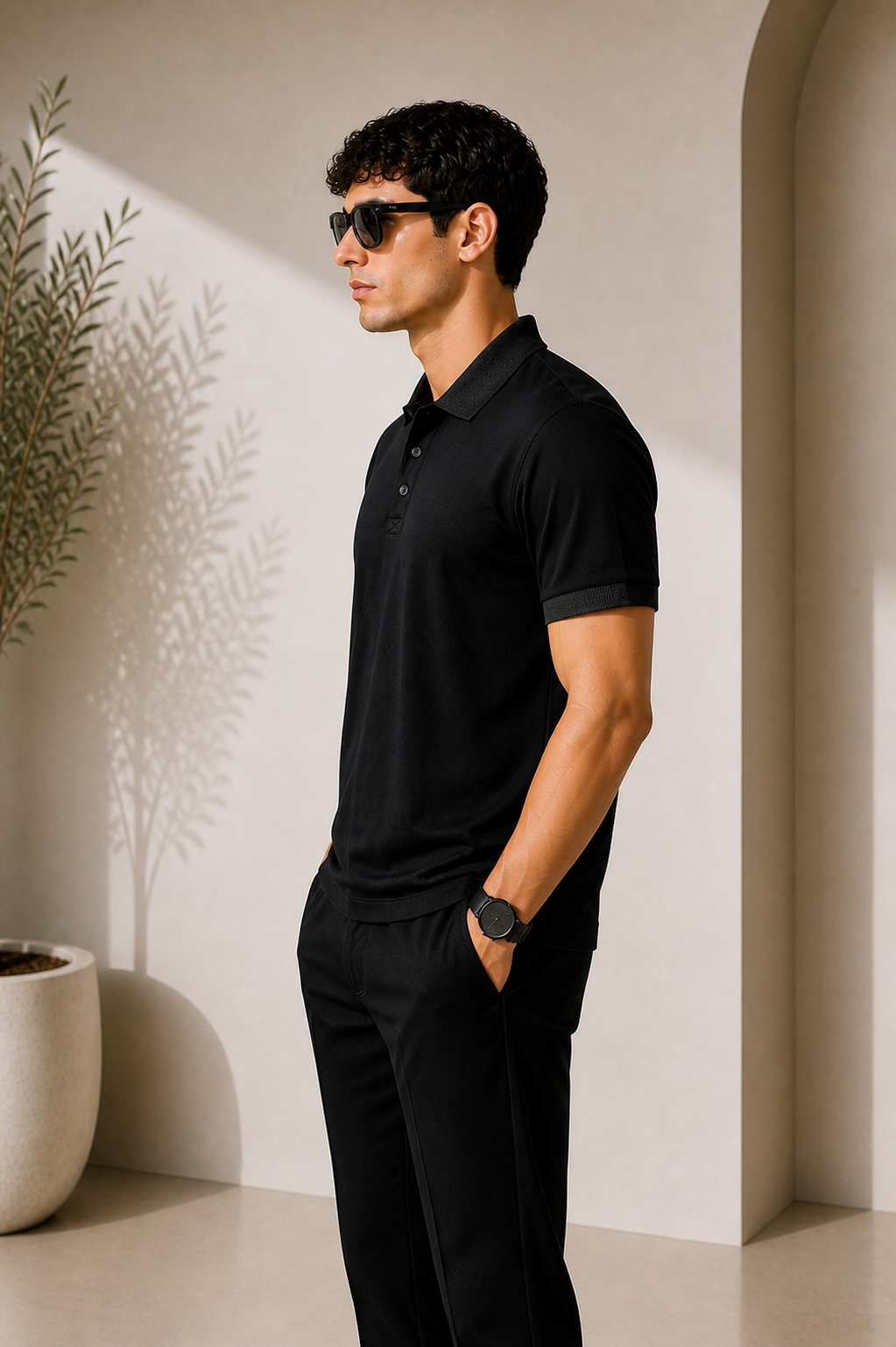 Premium Basic Polo Yaka Tişört – Siyah parlak yaka modeli
