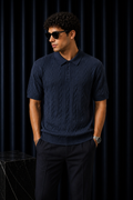 Çizgi Dokulu Triko Polo Yaka T-Shirt – Koyu Lacivert