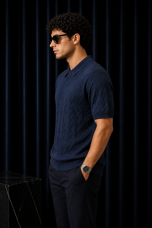 Çizgi Dokulu Triko Polo Yaka T-Shirt – Koyu Lacivert