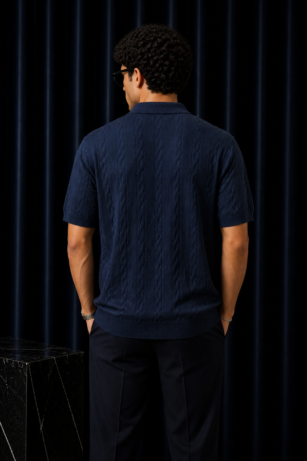 Çizgi Dokulu Triko Polo Yaka T-Shirt – Koyu Lacivert