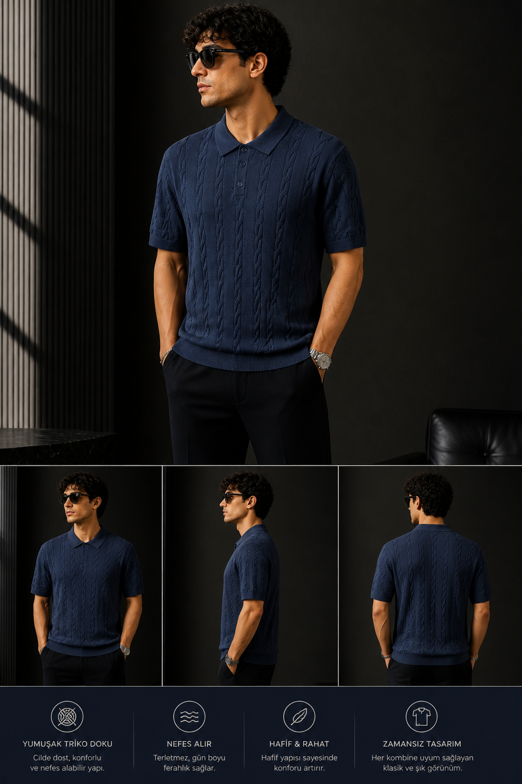 Çizgi Dokulu Triko Polo Yaka T-Shirt – Koyu Lacivert