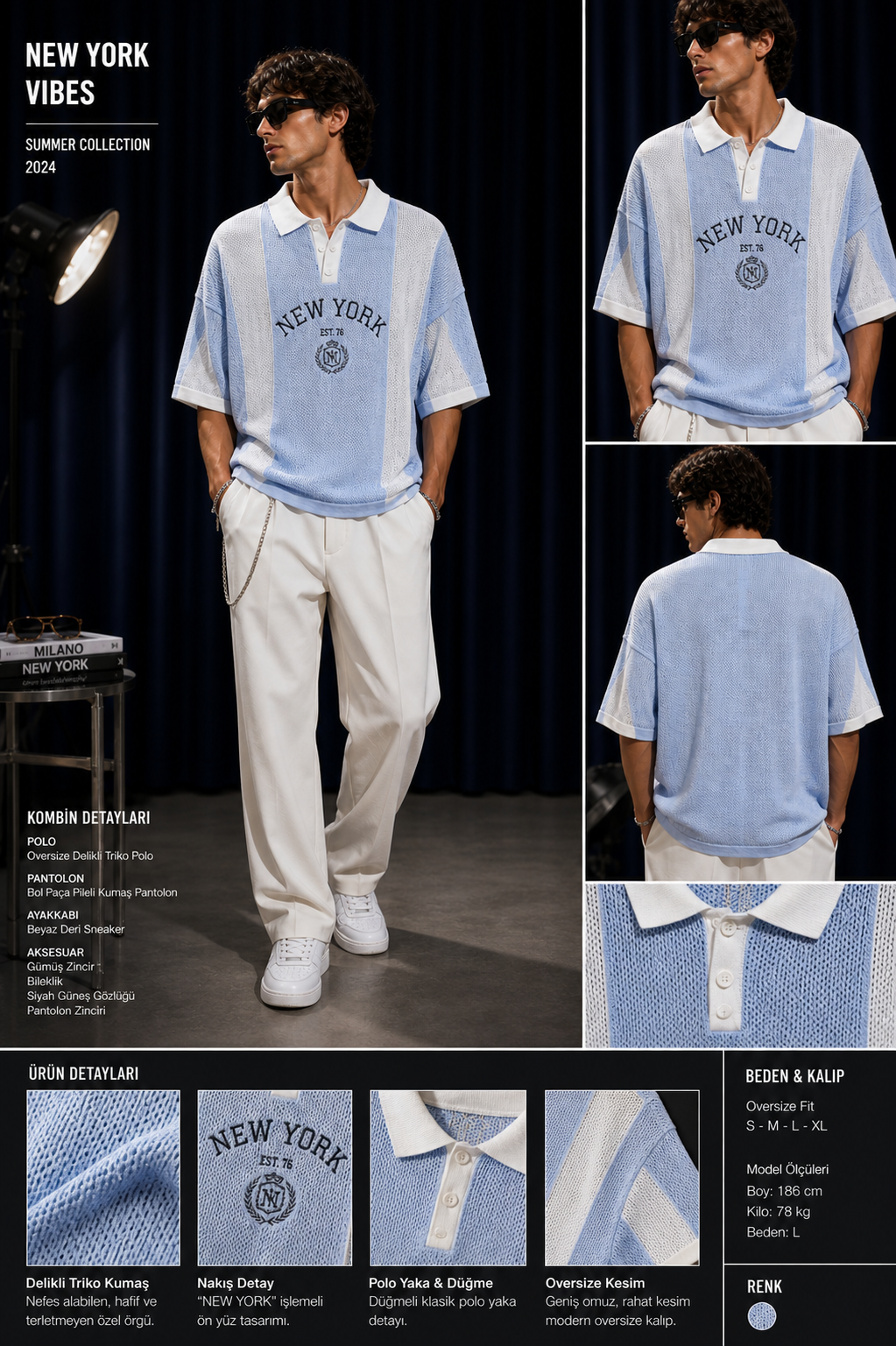 Oversize Delikli Triko Polo Yaka T-Shirt