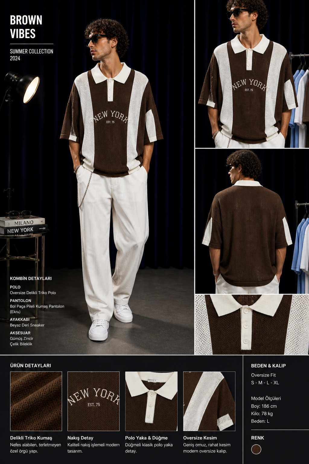Oversize Delikli Triko Polo – Kahverengi