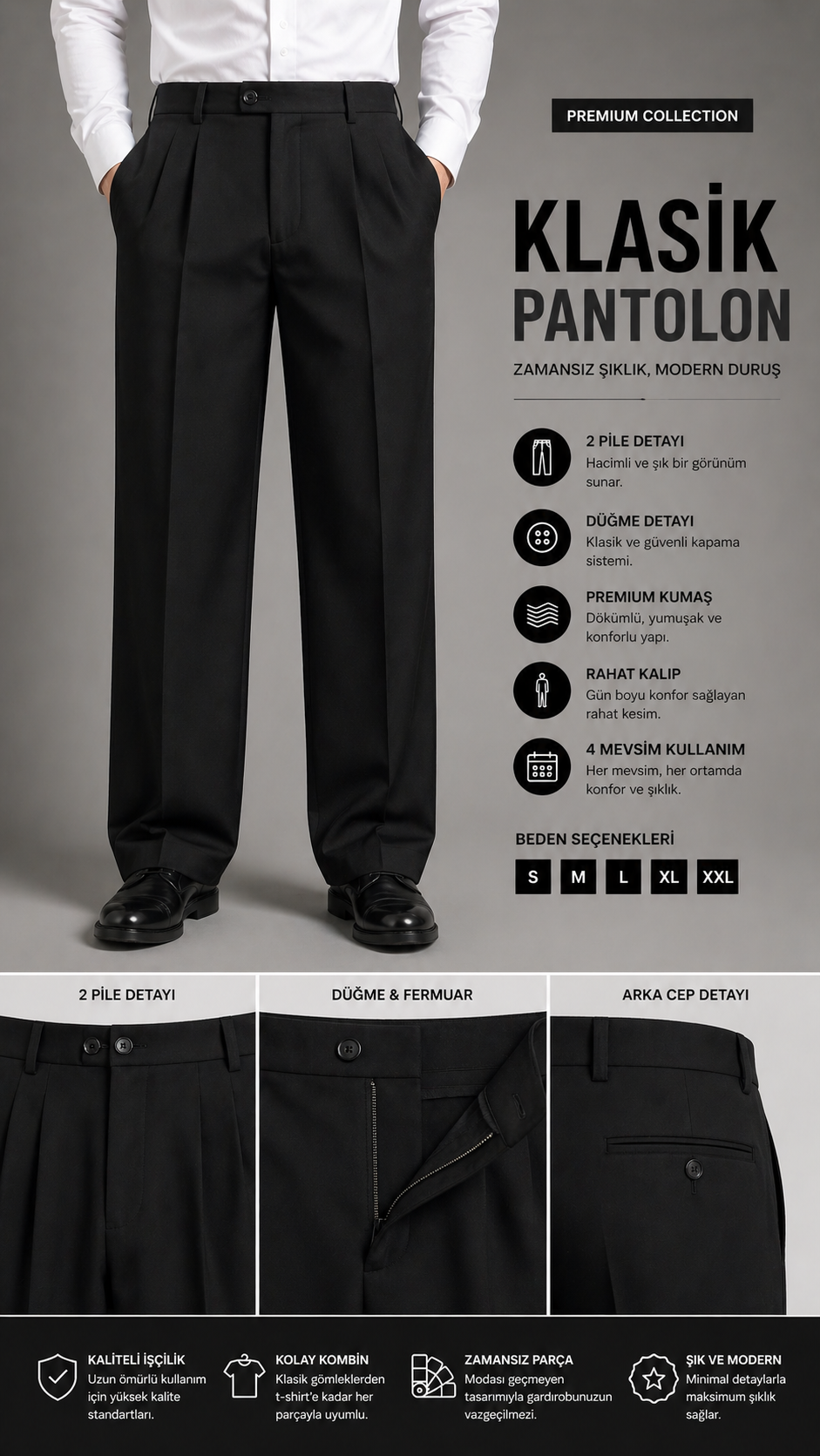 Siyah Çift Pileli Baggy Erkek Pantolon