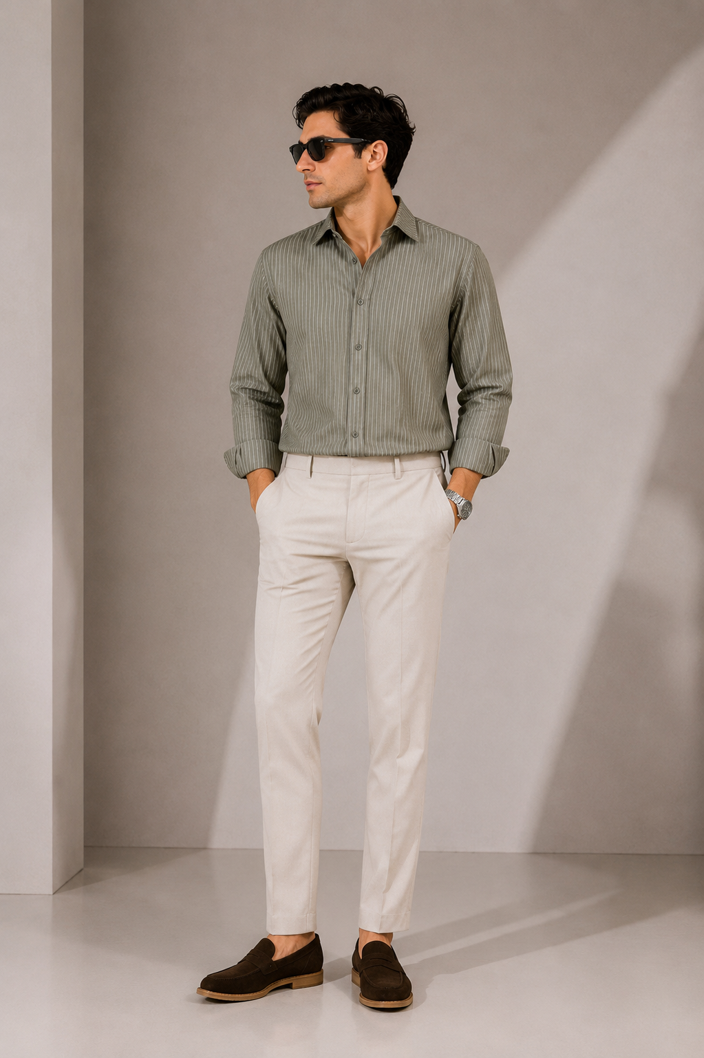 Erkek Yeşil Beyaz Çizgili Gömlek Oversize Old Money Stil