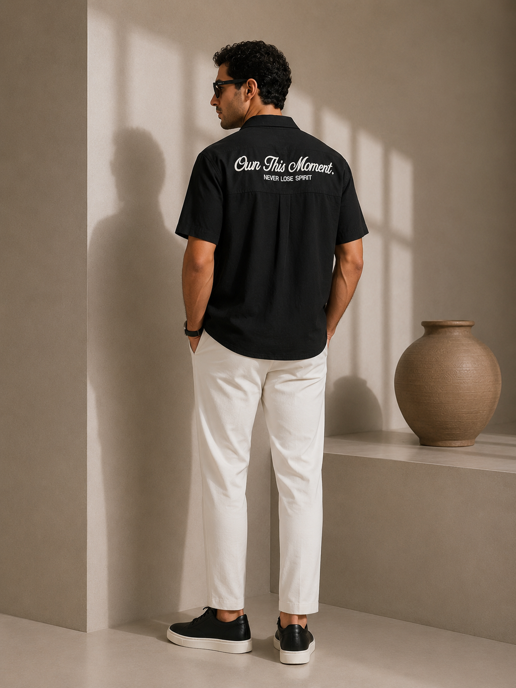 Erkek Siyah Yazılı Kısa Kollu Keten Gömlek Oversize
