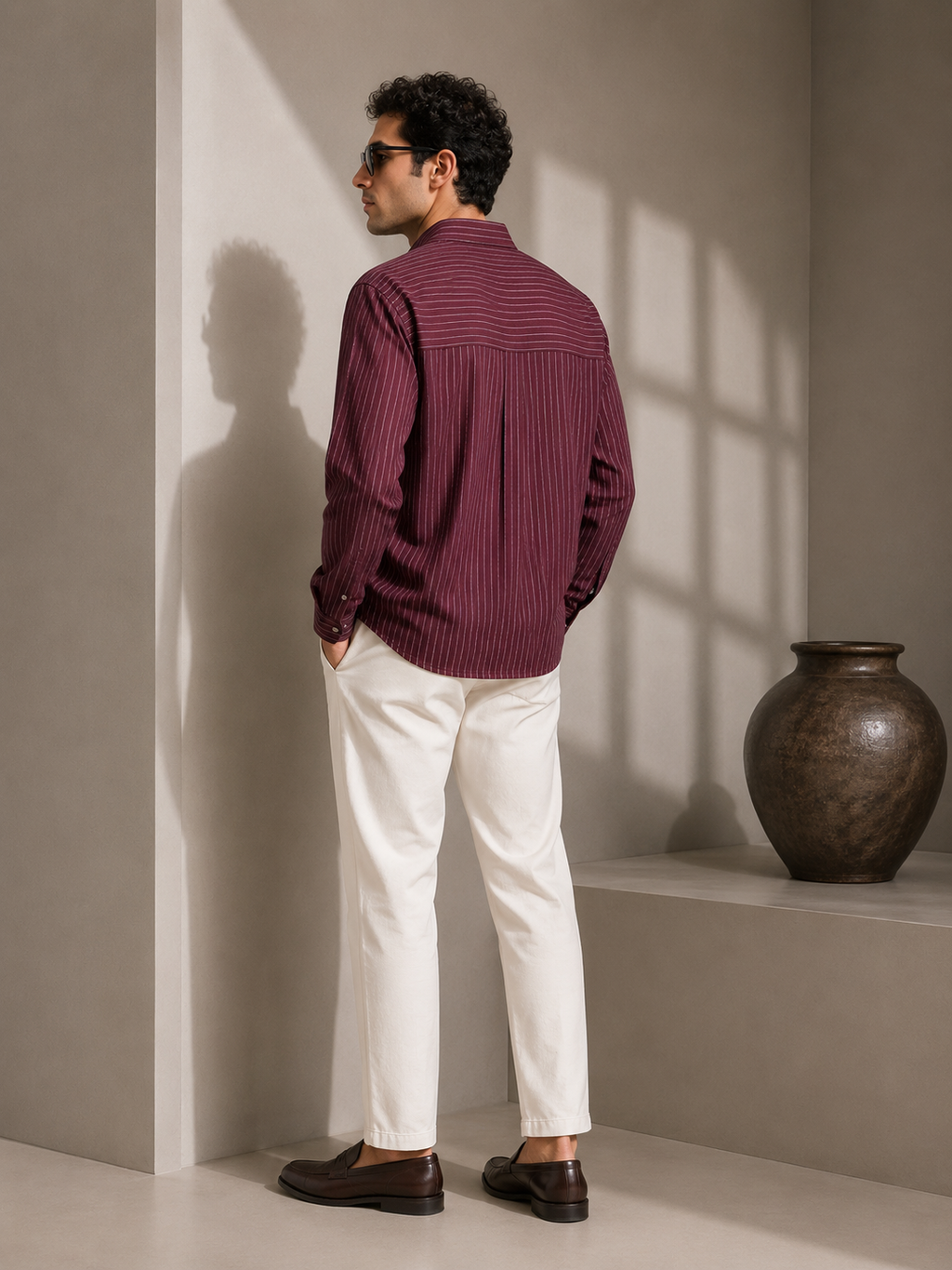 Erkek Bordo Çizgili Gömlek Rahat Kalıp Premium