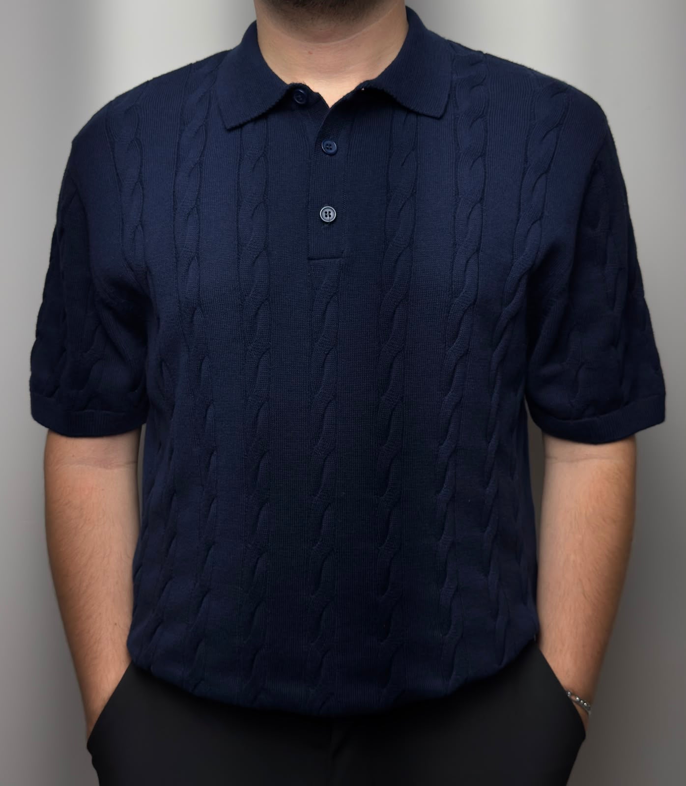 Çizgi Dokulu Triko Polo Yaka T-Shirt – Koyu Lacivert